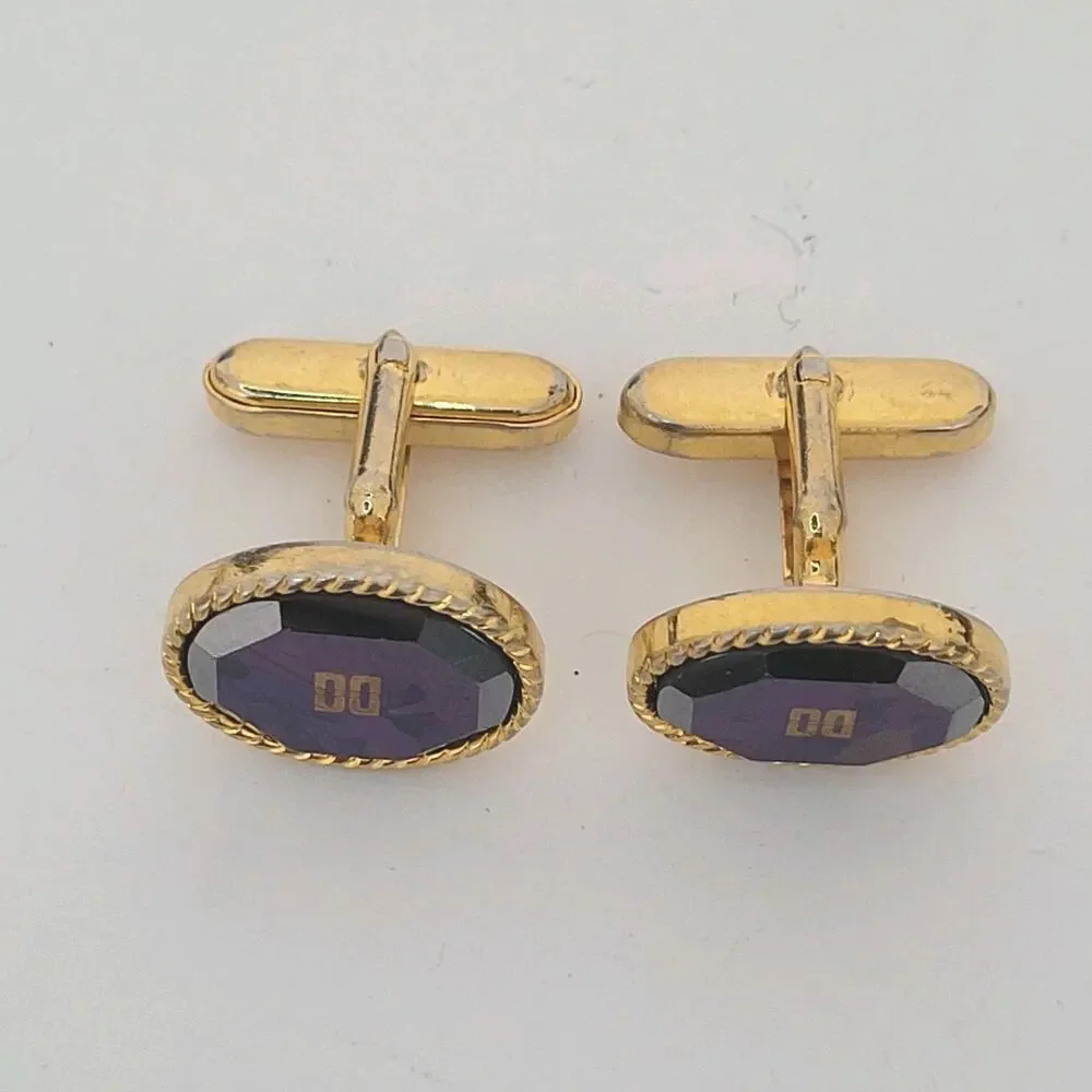 Unbranded Cufflinks Gold Blue Iridescent Stone Tone Rope Edges Vintage‎ Oval